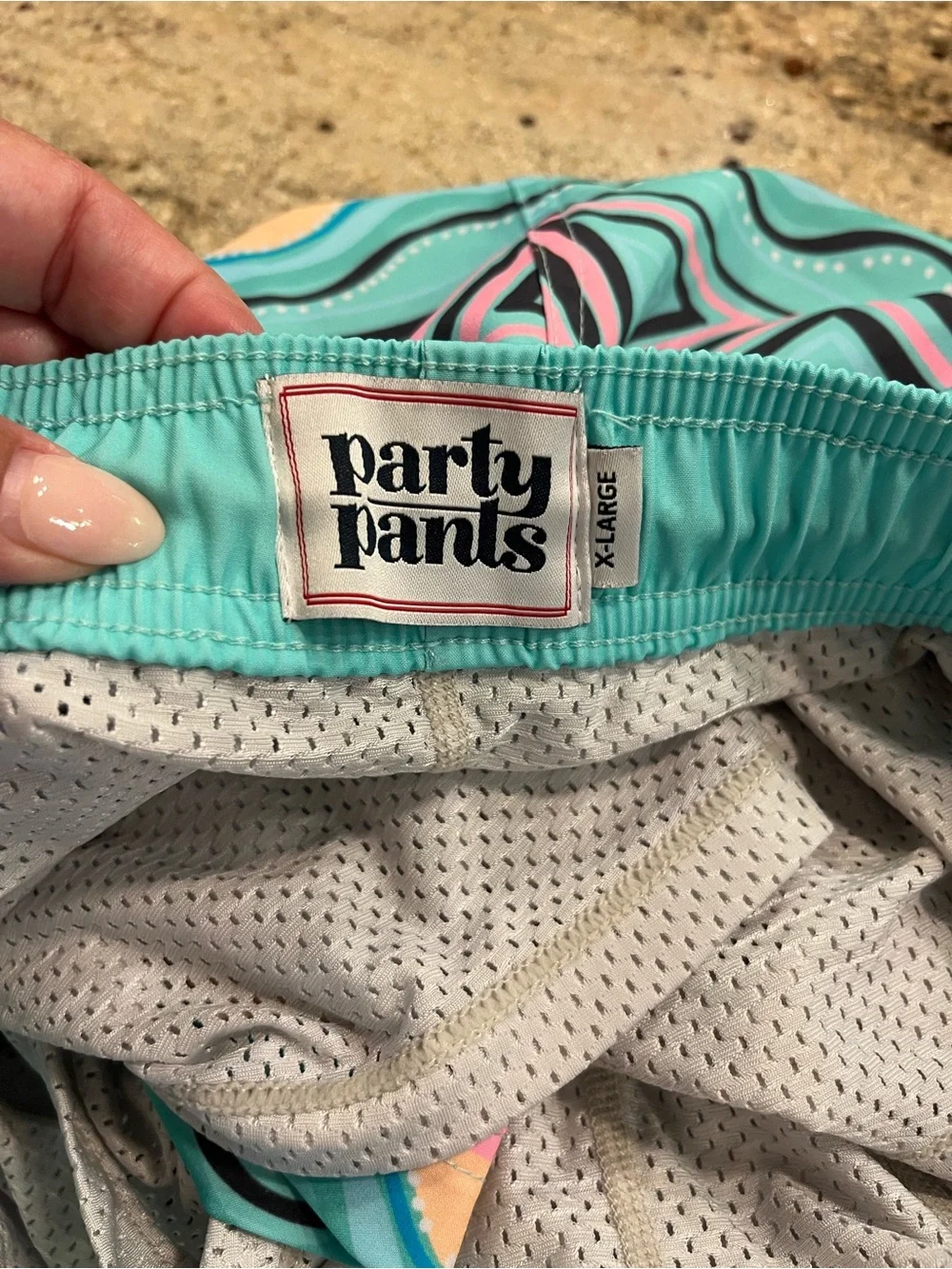 Party Pants Men's Festival Swim Shorts Trunks - Cyan / Neon Geometric - Size XL